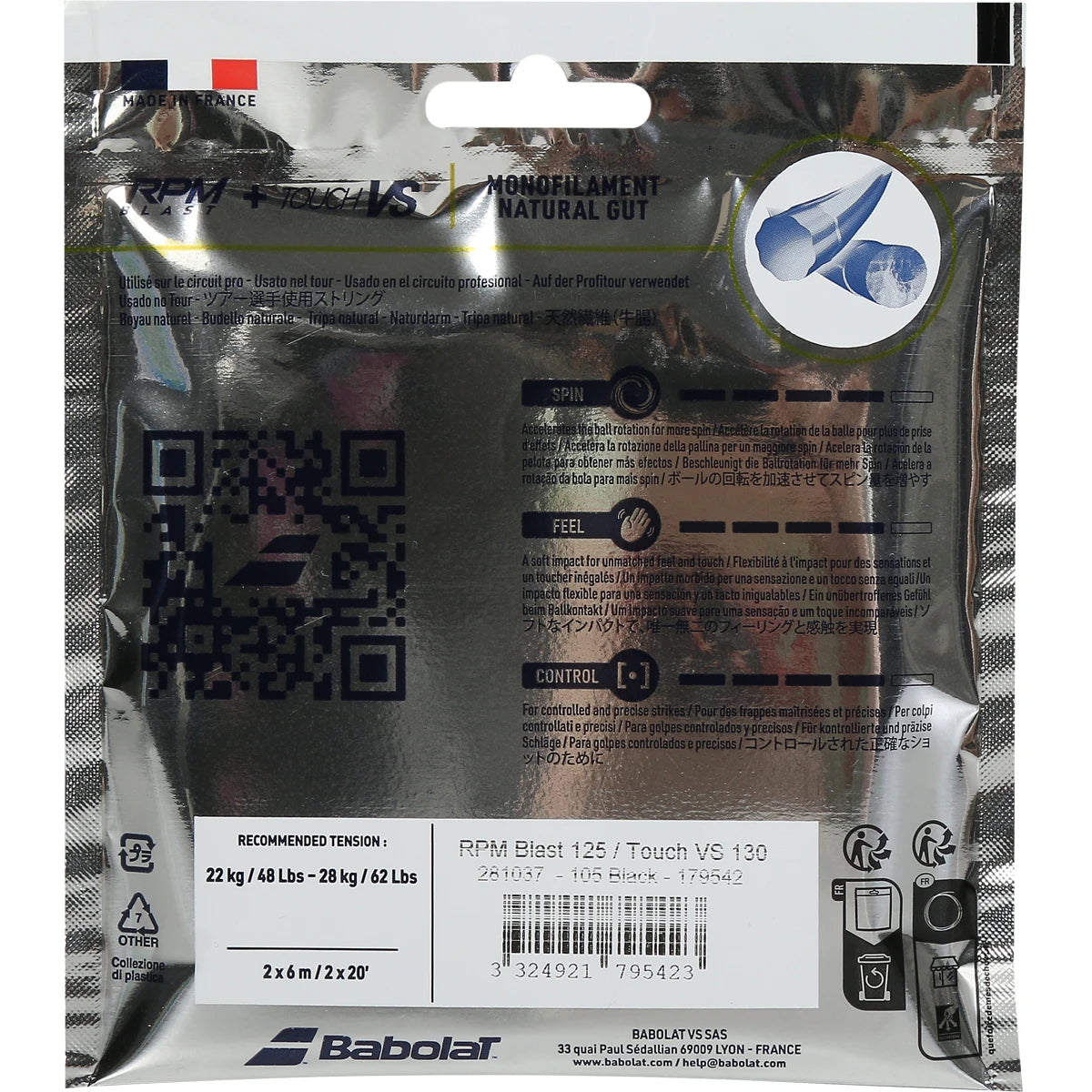 CORDAGE BABOLAT HYBRIDE RPM BLAST (1.25MM) + TOUCH VS (1.30MM)