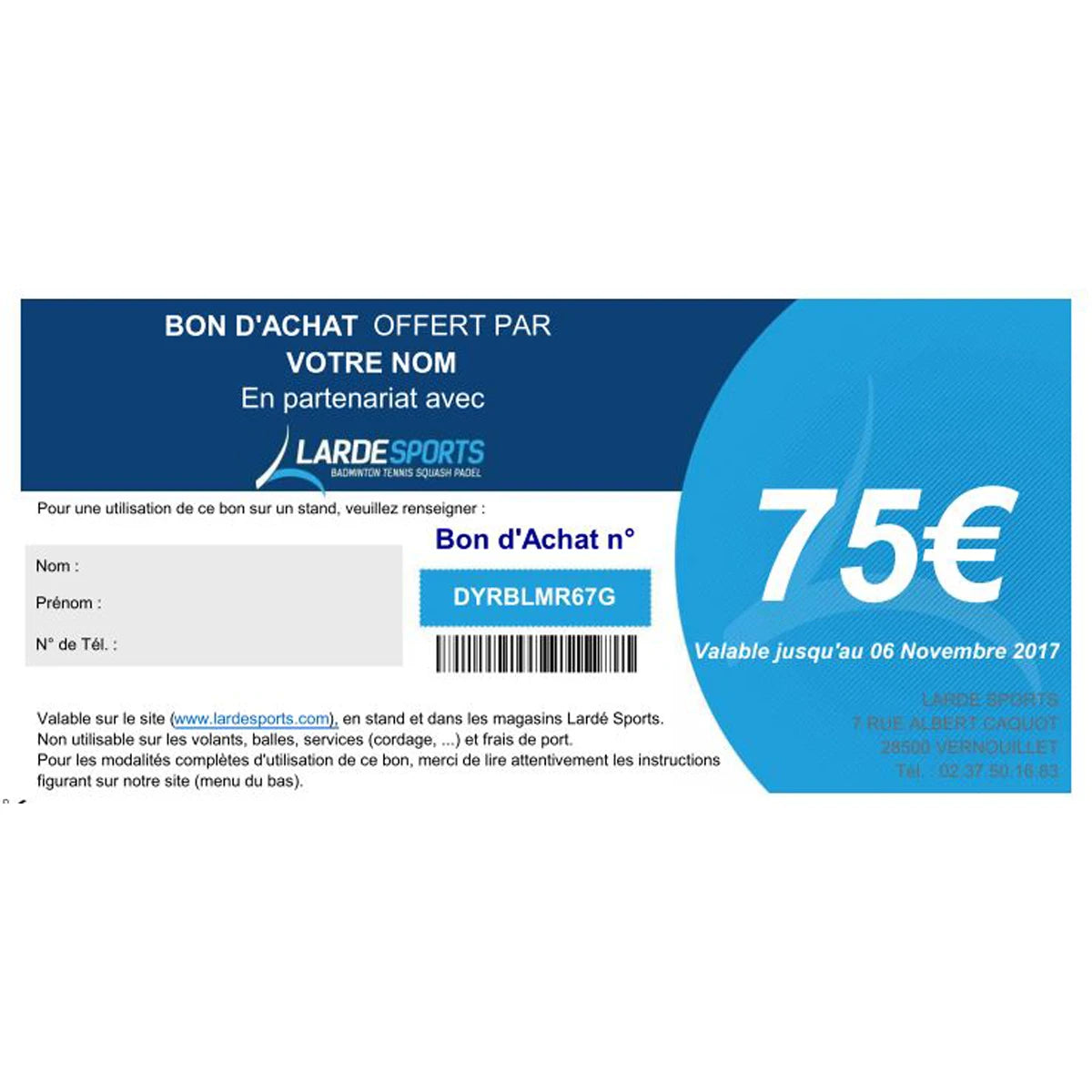 CHEQUE CADEAU LARDESPORTS 75€