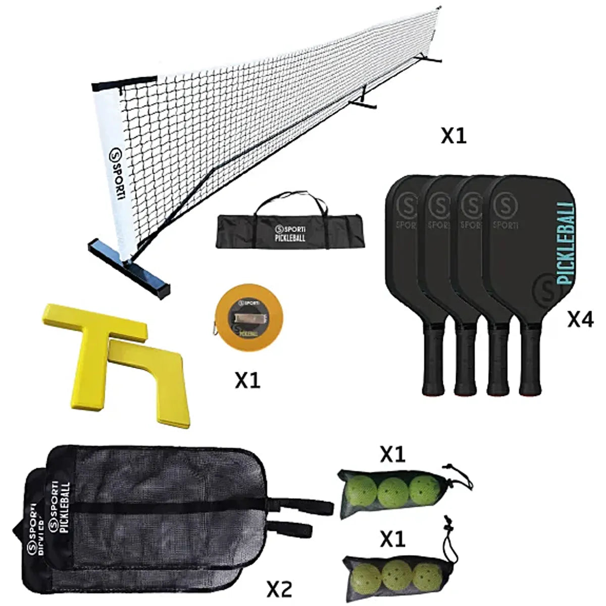 KOMPLETTES PICKLEBALL-FELDSET: NETZ MIT GESTELL + MARKIERUNG + SCHLÄGER + BÄLLE