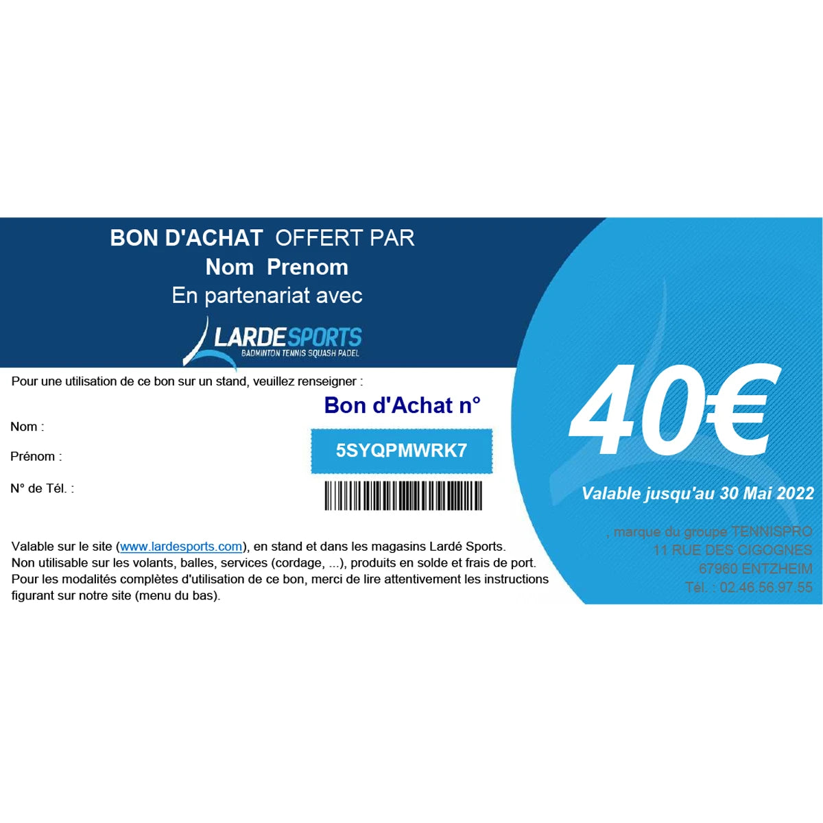 CHEQUE CADEAU LARDESPORTS 40€