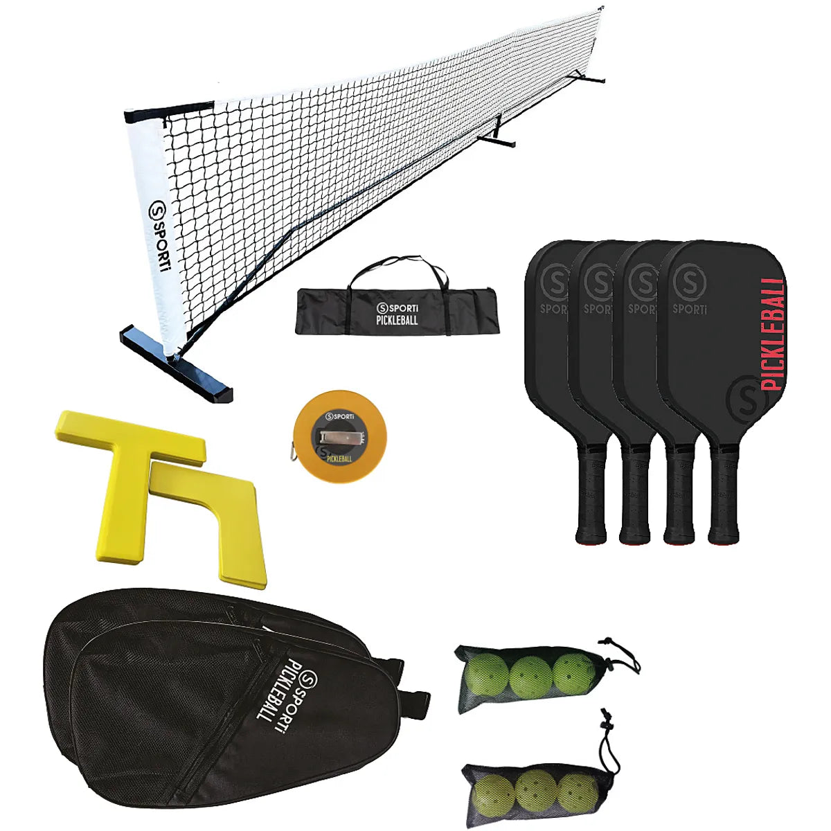 KIT COMPLET TERRAIN PICKLEBALL : FILET AVEC STRUCTURE + MARQUAGE + RAQUETTES + BALLES