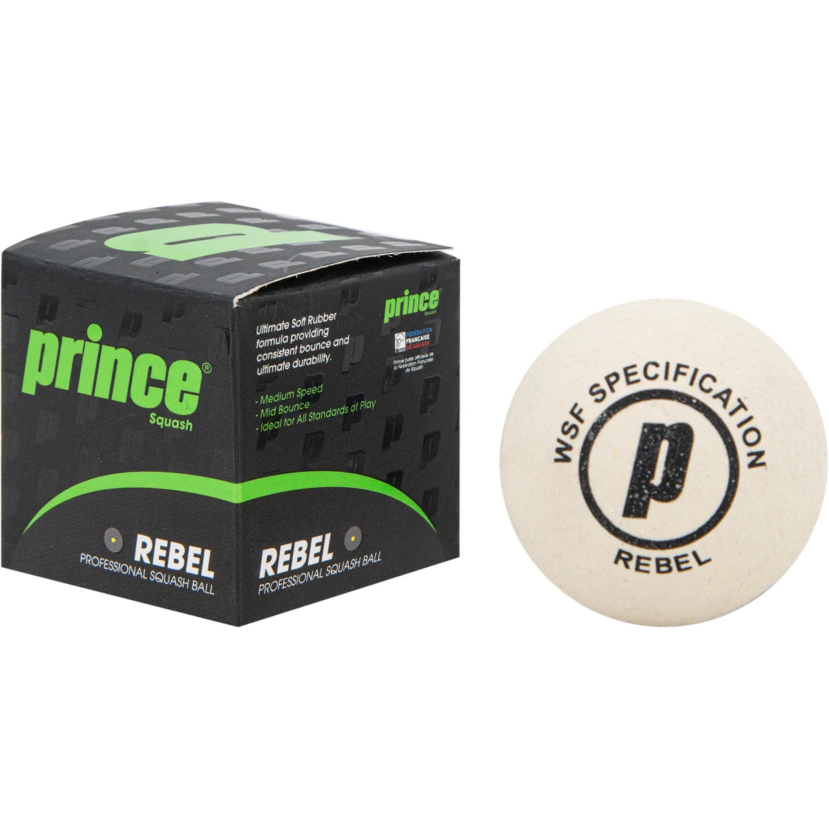 BALLE DE SQUASH PRINCE REBEL WHITE (X1 - SIMPLE POINT JAUNE)