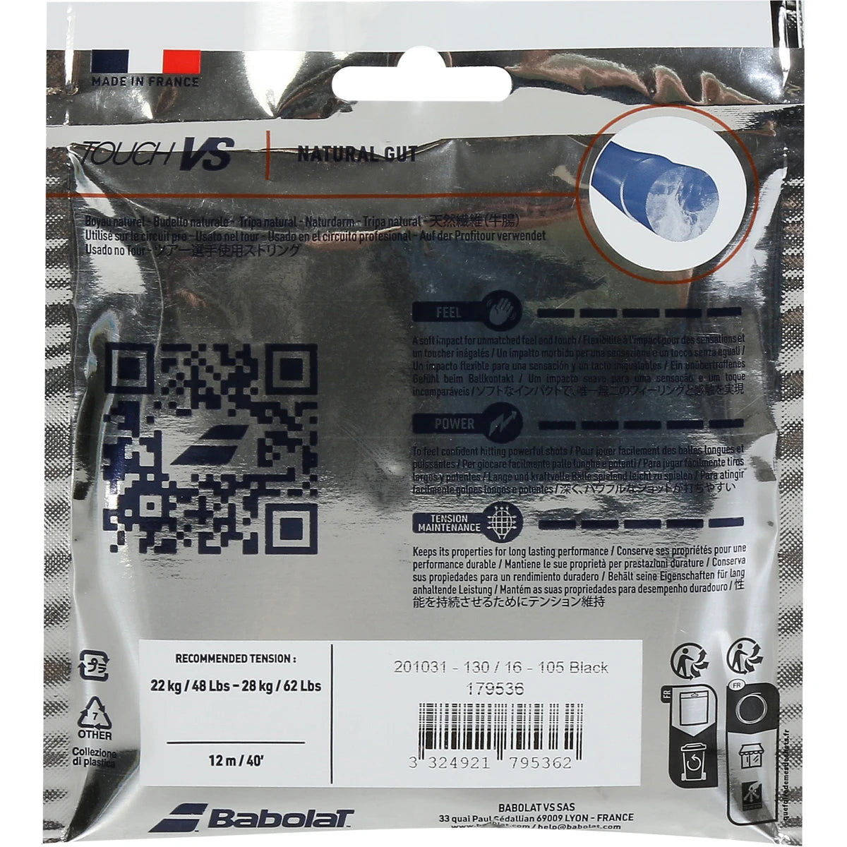 BABOLAT NATURAL GUT STRINGING VS TOUCH (12 METRES)