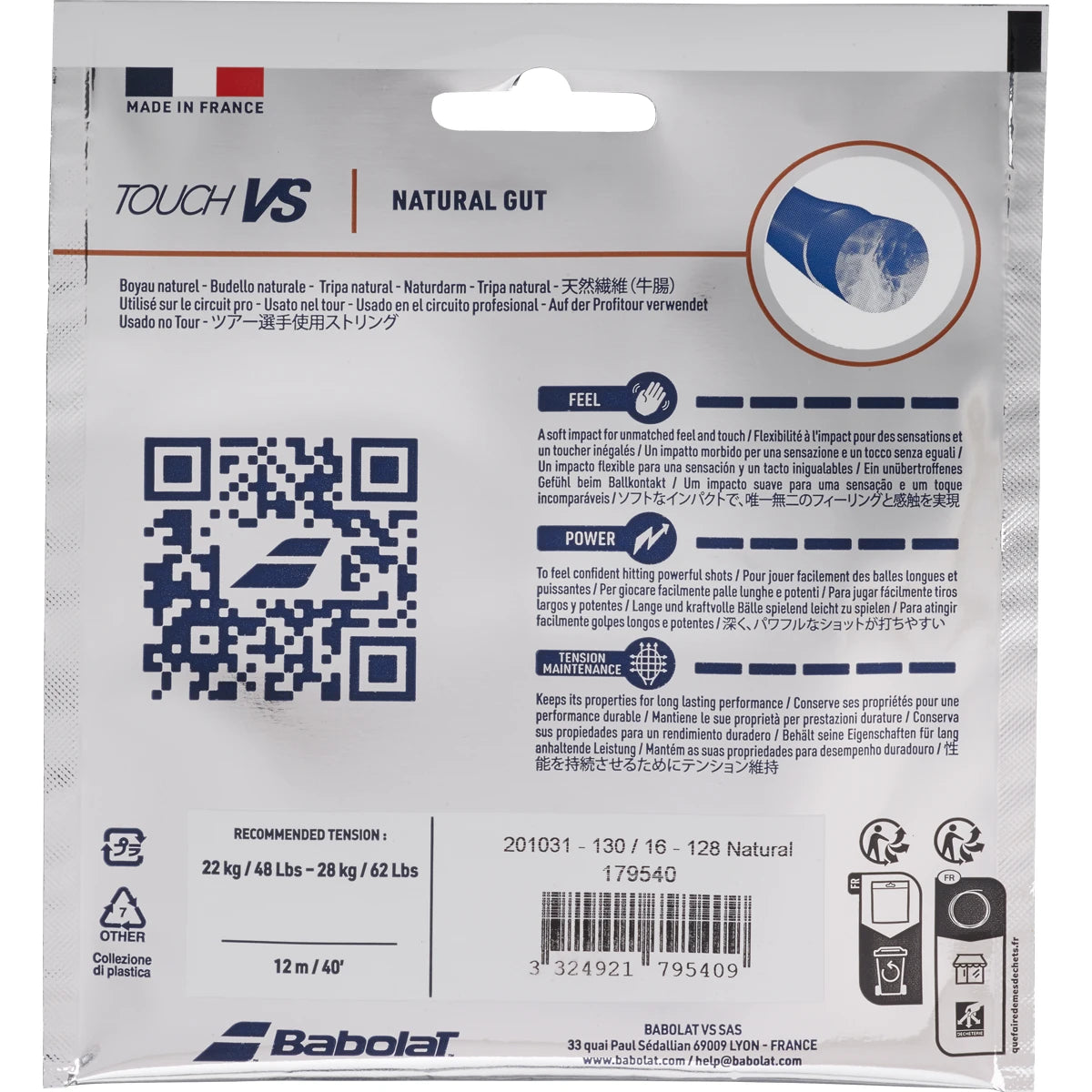 BABOLAT NATURAL GUT STRINGING VS TOUCH (12 METRES)