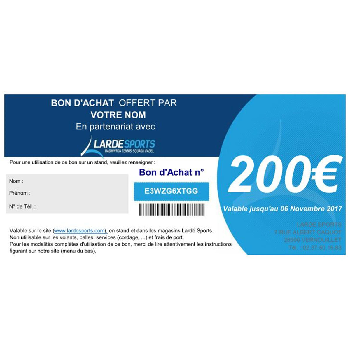 CHEQUE CADEAU LARDESPORTS 200€