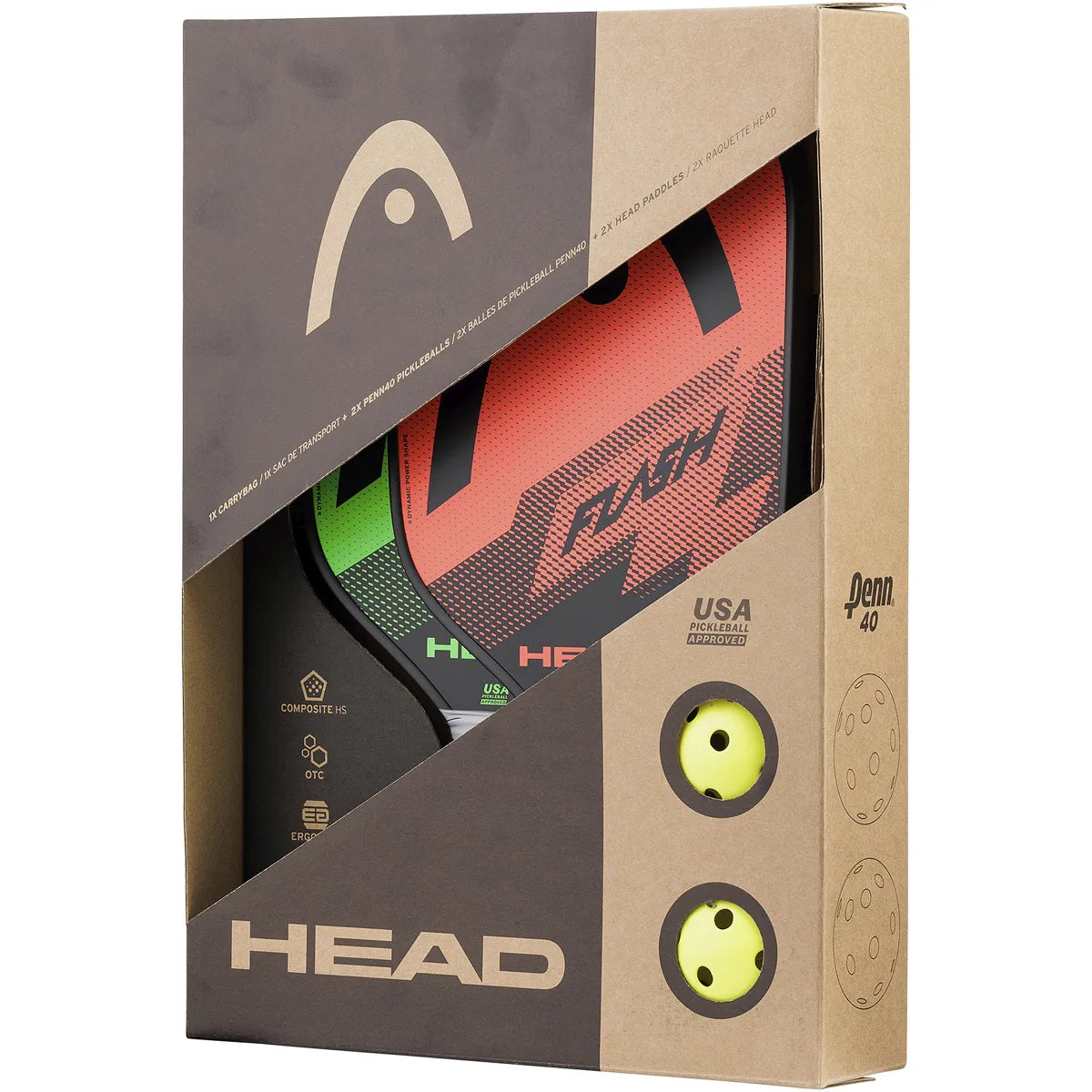 LOT DE 2 RAQUETTES HEAD PICKLEBALL FLASH + 2 BALLES