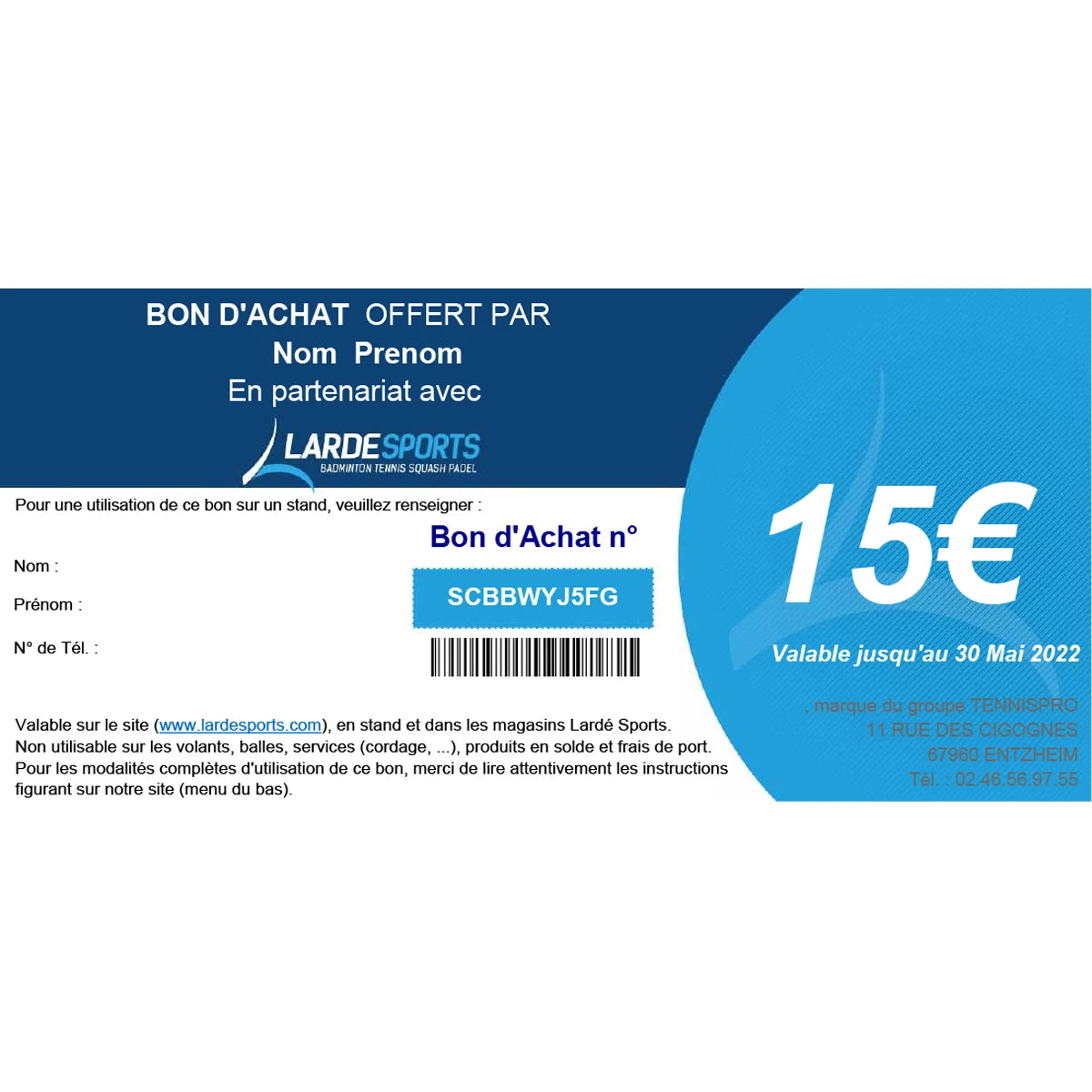 CHEQUE CADEAU LARDESPORTS 15€